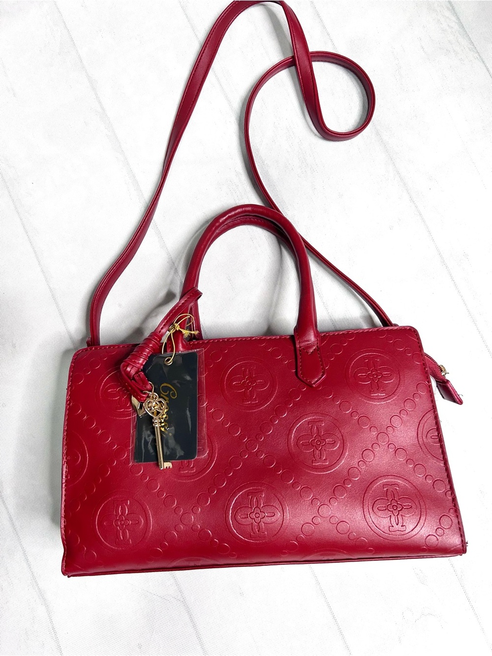 Red Embossed Faux Leather Satchel with Gold Charm